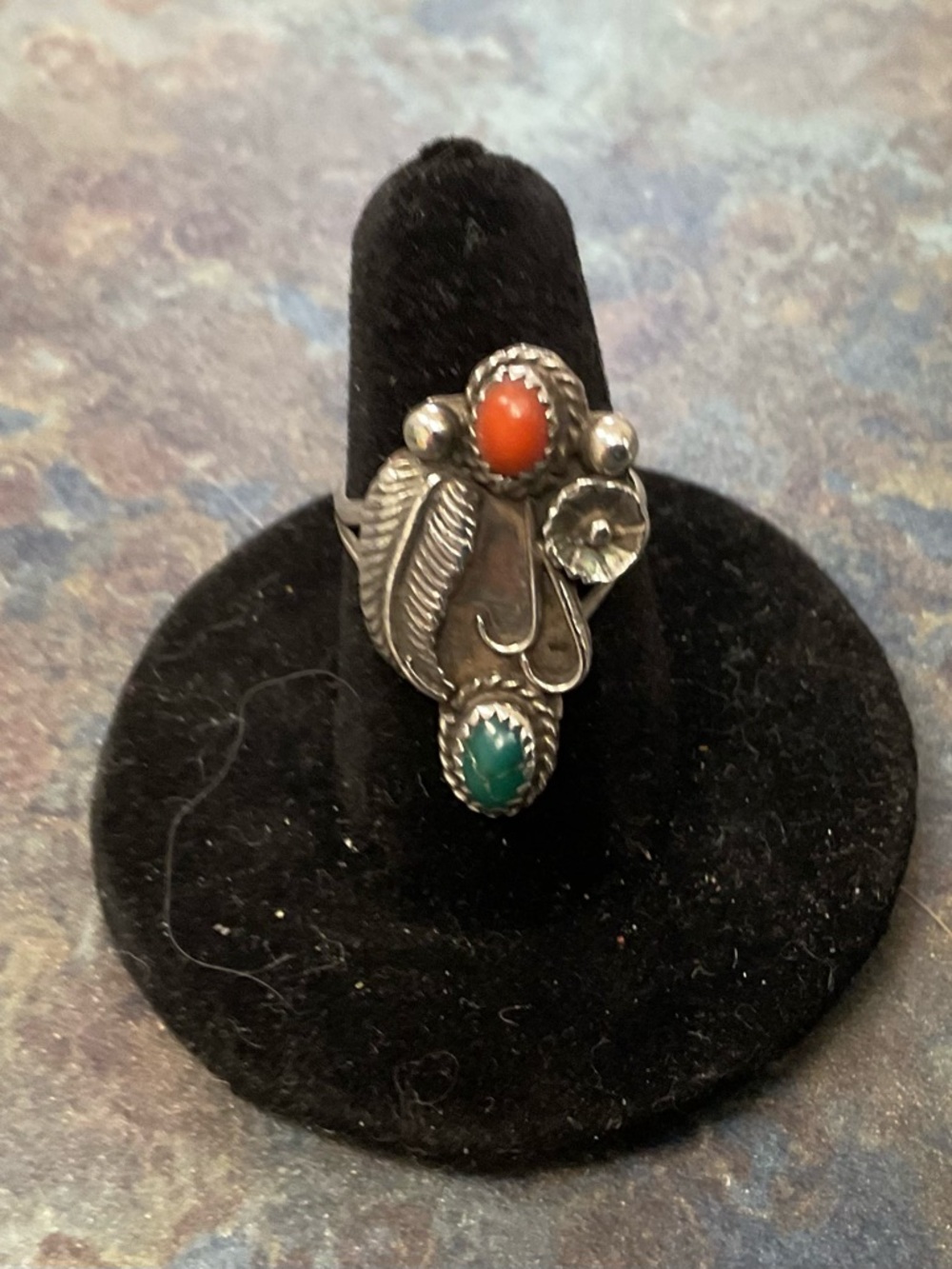 Sterling Silver Southwestern Leaf Ring with Turquoise and Coral Accents